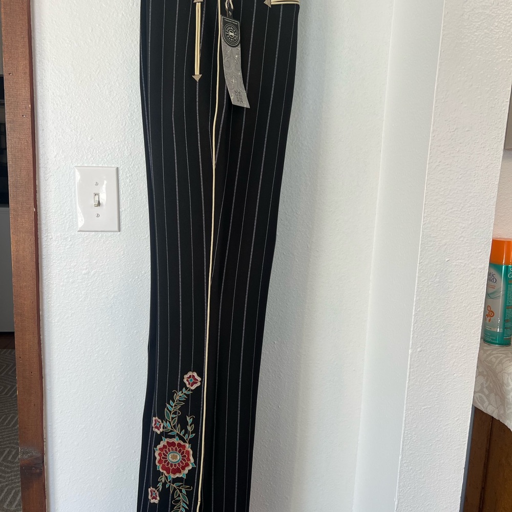 Double D Ranch Black Pinstripe Pants with Floral Embroidery